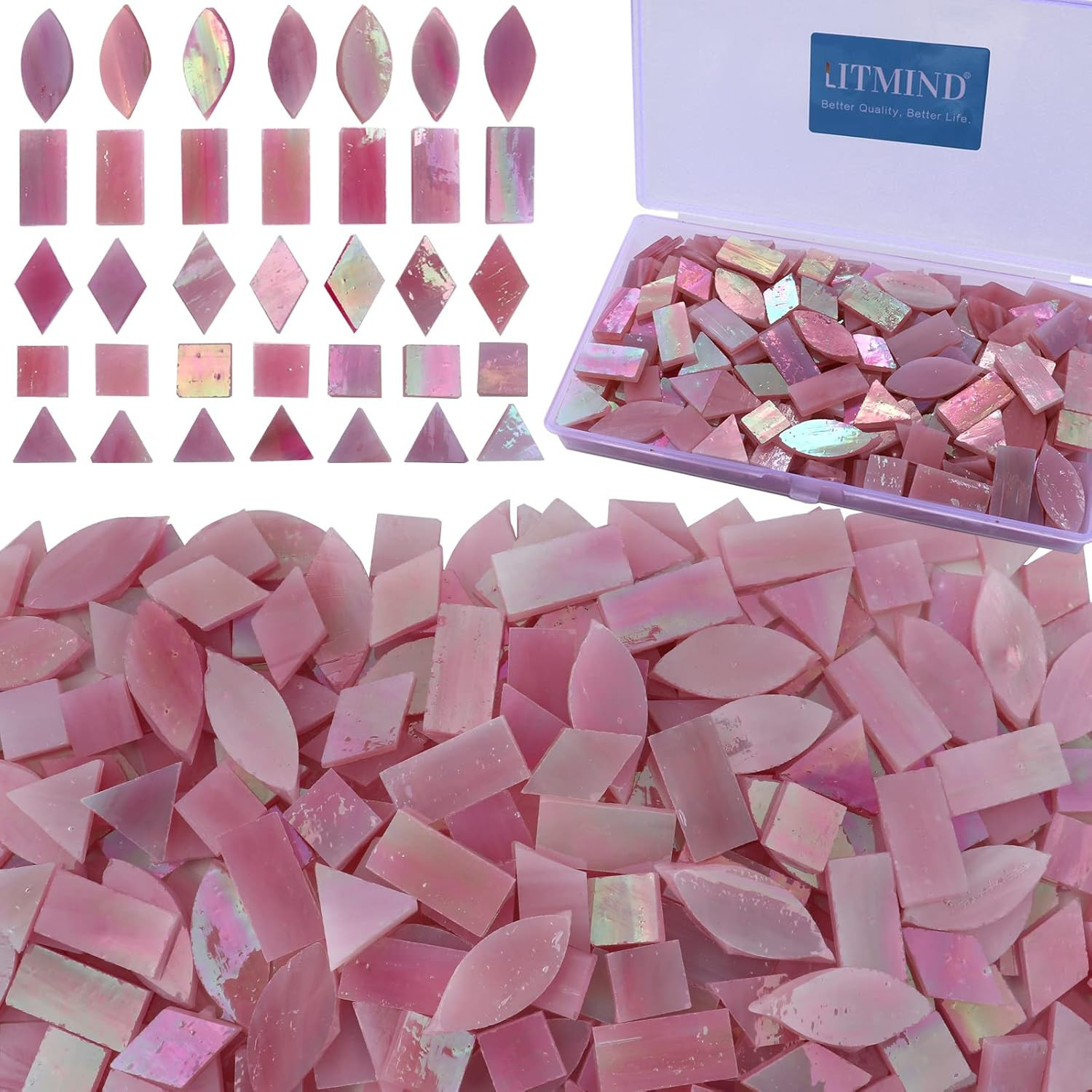 Iridescent Glass Mosaic Tiles for Crafts, 240 Pieces 5 Shapes Mixed