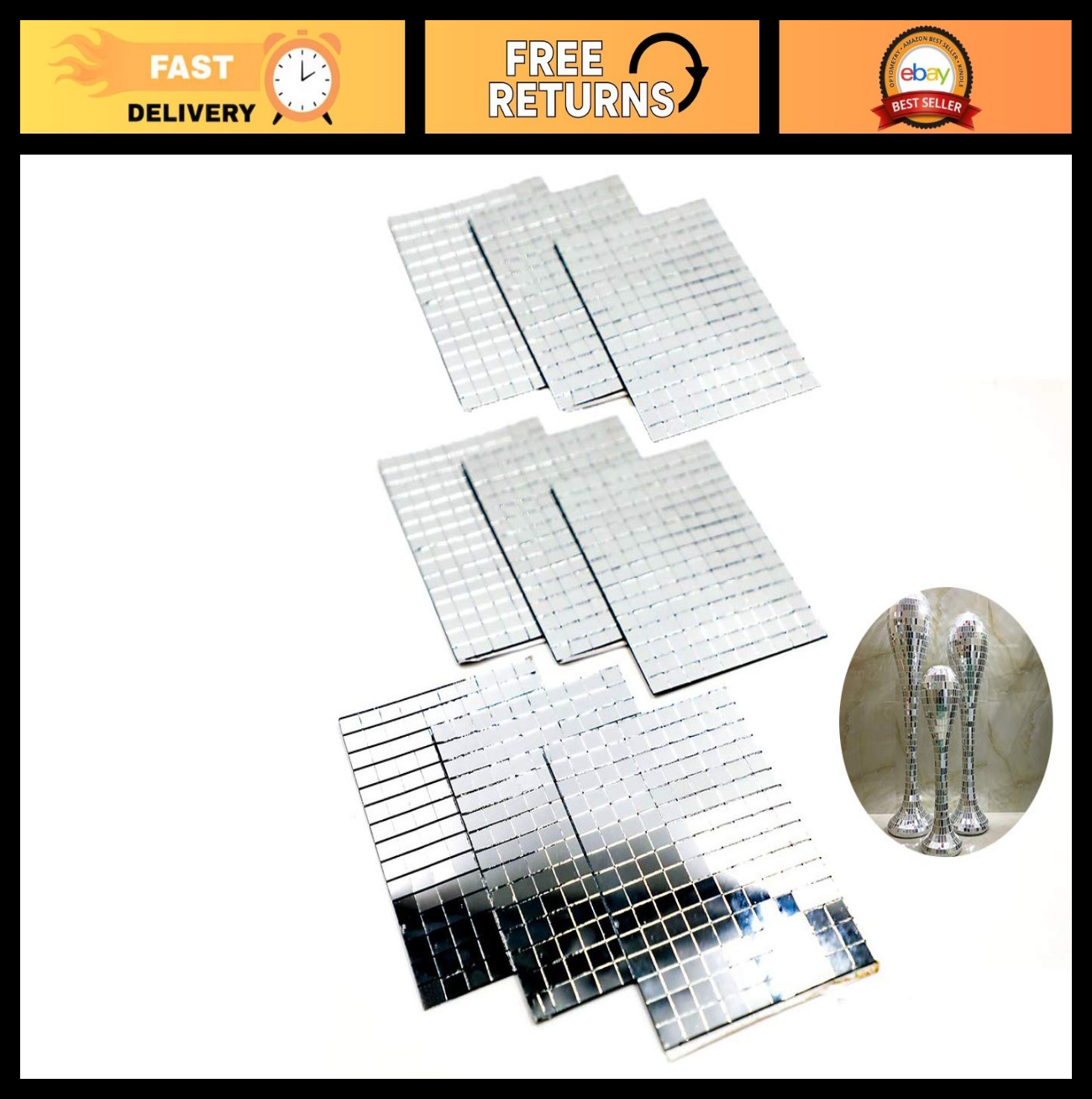 1300 Pcs Self-Adhesive Glass Mosaic Tiles – Mini Square & Round Craft Sheets