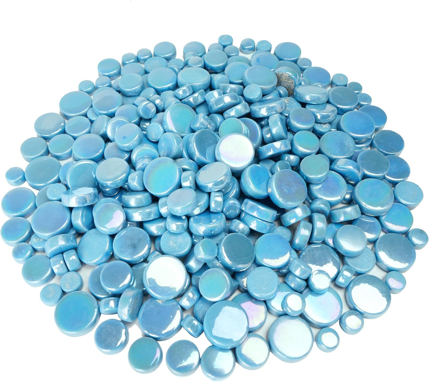 Light Blue round Glass Tiles for Crafts, 300G Iridescent Mosaic Tiles, Assorted