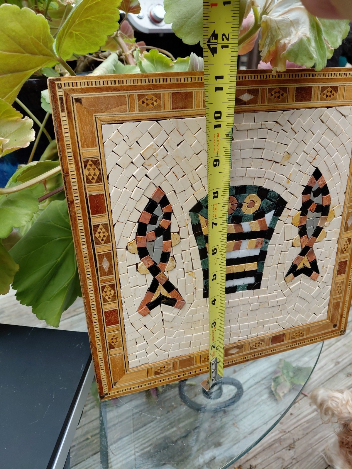 Marble Mosaic and Wood Marquetry Wall Tile Handmade Art